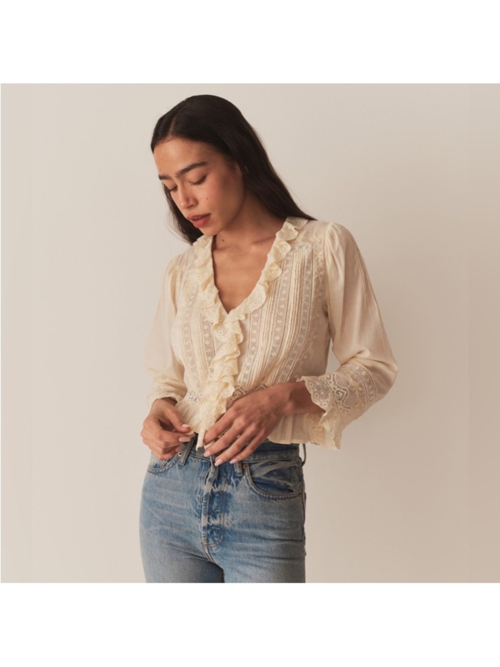Doen Eldoris Lace Organic Cotton Blouse in Adriatic Navy Blue Small